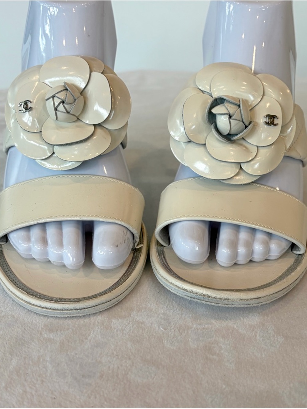 CHANEL Matelasse Leather Block Heel Slides, Camelia w/CCs,box, cream, 36.5C - Picture 8 of 16